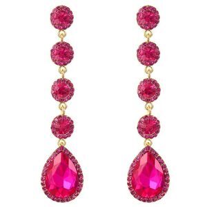 Yellow Gold with Pink Sapphire Austrian Crystal Teardrop Chandelier Earrings